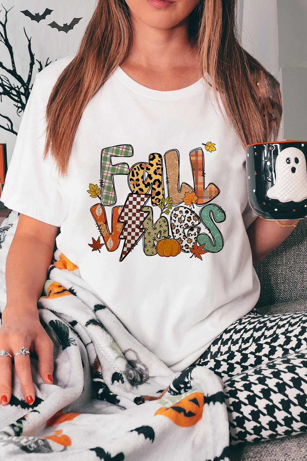 White FALL VIBES Cotton Blend Heat Transfer Printing Casual T Shirt