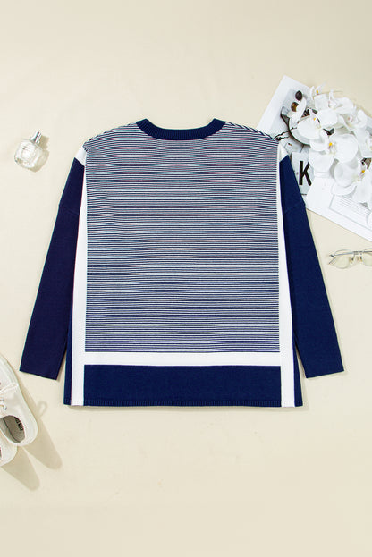 Red Stripe Colorblock Patchwork Dolman Oversize Tunic Sweater