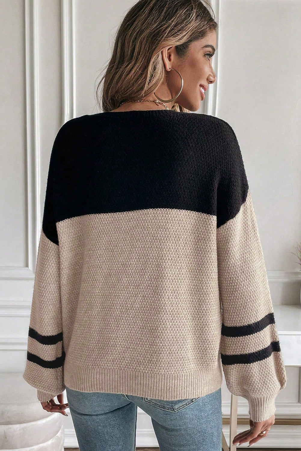 Dark Brown Colorblock Striped Sleeve Detail Knit Sweater