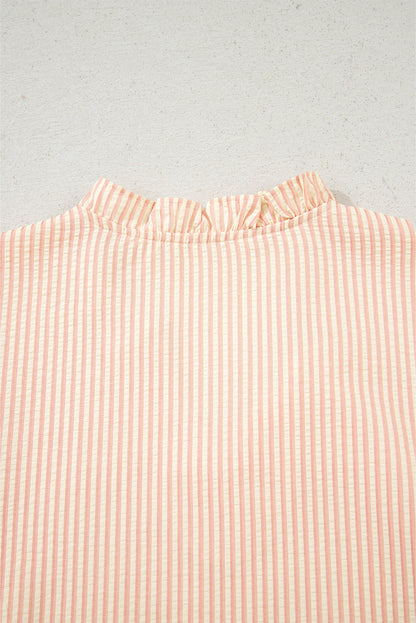 Pink Striped Pearl Beaded Knot Cuffs Blouse
