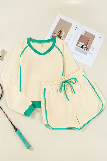 White Contrast Trim Colorblock Long Sleeve Pullover and Drawstring Shorts Set