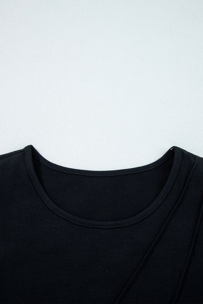 Black  Asymmetric Seam Detail Solid Color Long Sleeve Top