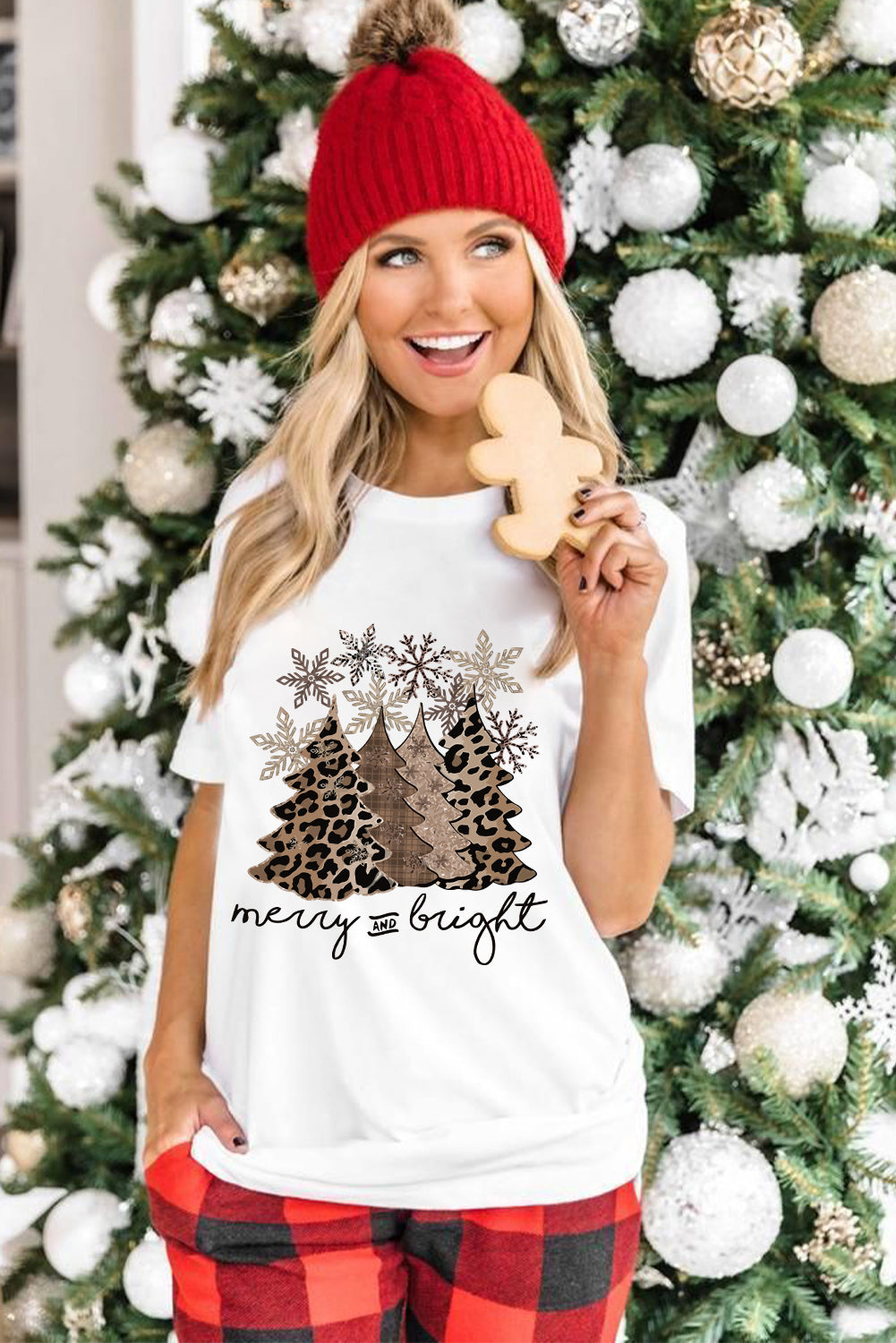 White Leopard Christmas Tree Heat Transfer Printing Crew Neck Graphic Tee