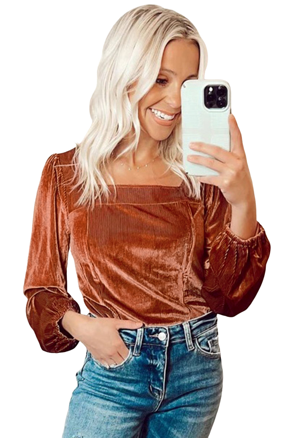 Clay Velvet Ribbed Texture Square Neck Slim Puff Sleeve Top