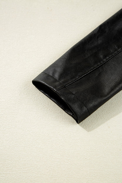 Black Faux Leather Buttoned Front Boxy Jacket