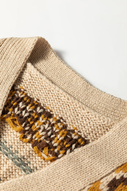 Khaki Geometric Pattern Button V Neck Cardigan