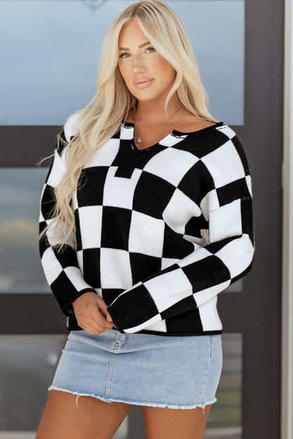 Green Checked Notched Neckline Drop Shoulder Knit Sweater