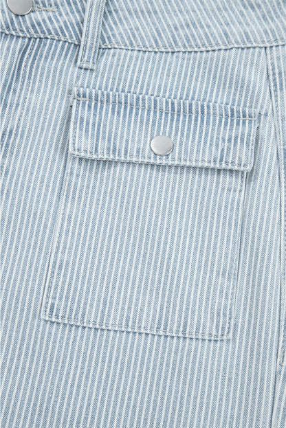 Sky Blue Striped Button Flap Pocket Cuffed Hem Wide Leg Jeans