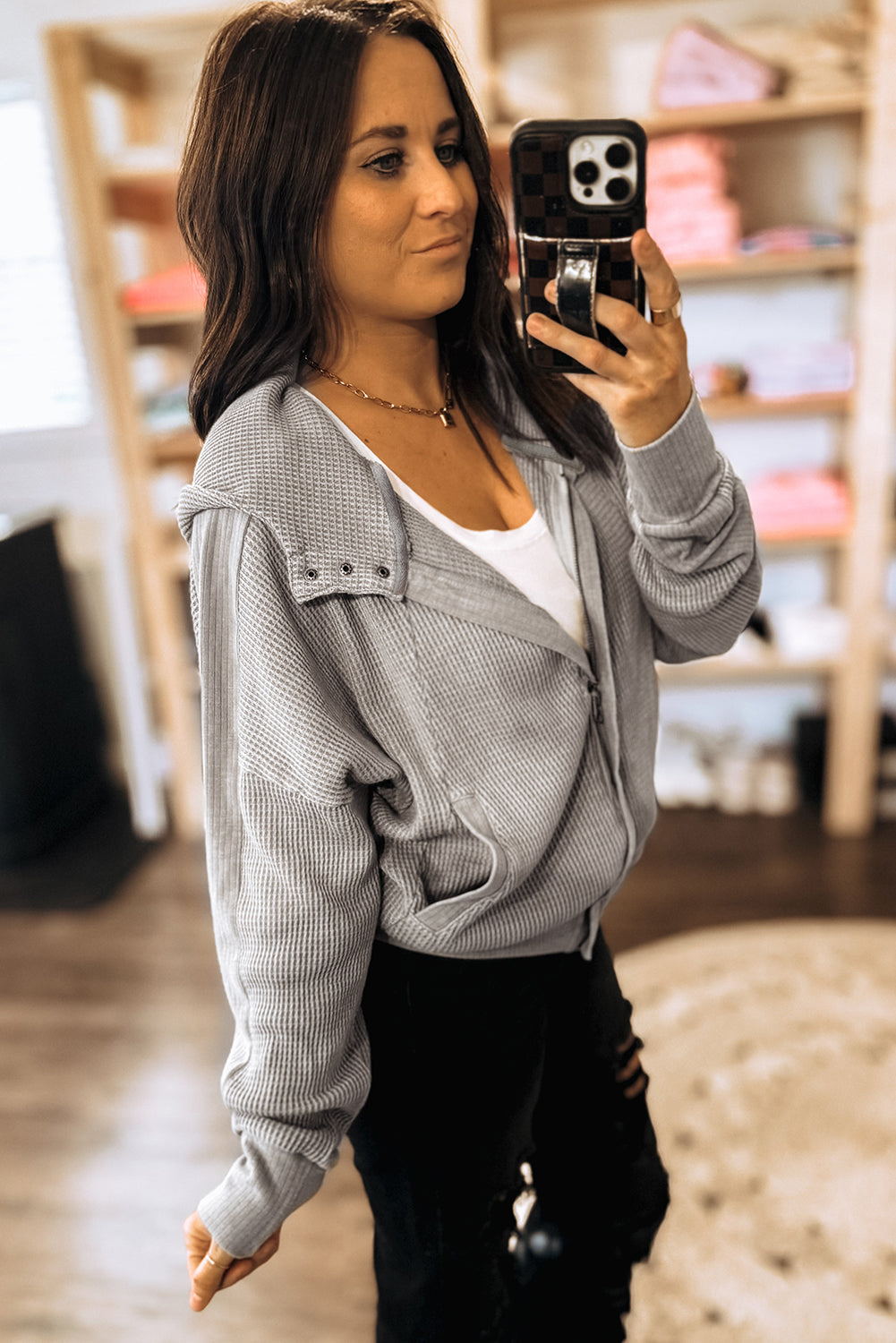 Gray Waffle Splicing Zip Up Front Button Hooded Jacket