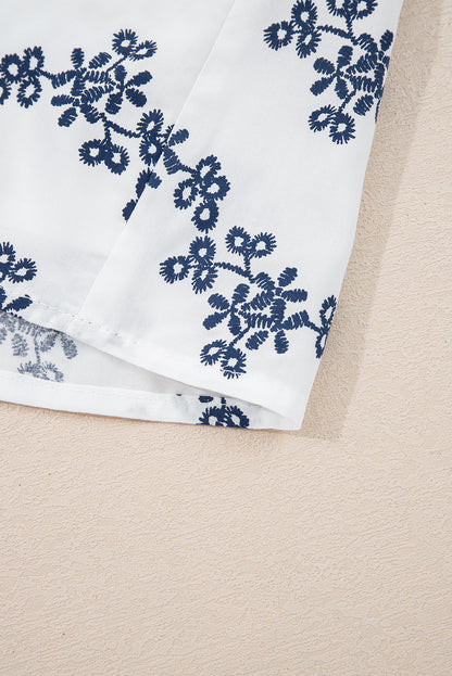Blue Lace Patchwork Floral Bubble Sleeve V Split Neck Blouse
