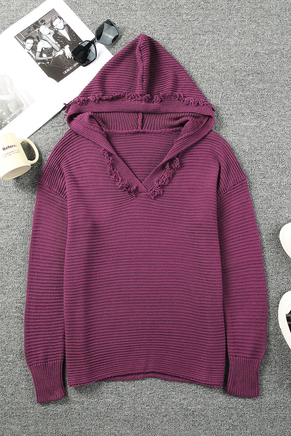 Black Split V Neck Pullover Knit Hooded Sweater