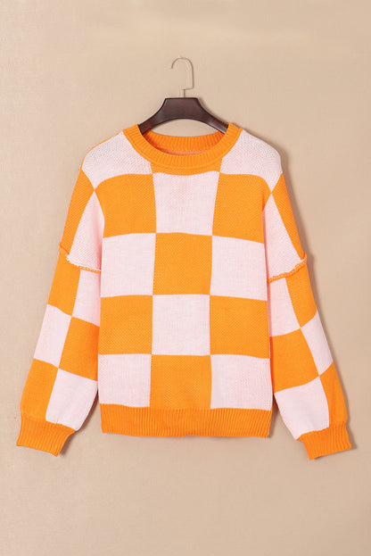 Dark Brown Plaid Bishop Sleeve Pullover Sweater