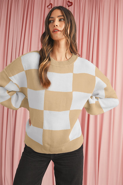 Dark Brown Plaid Bishop Sleeve Pullover Sweater