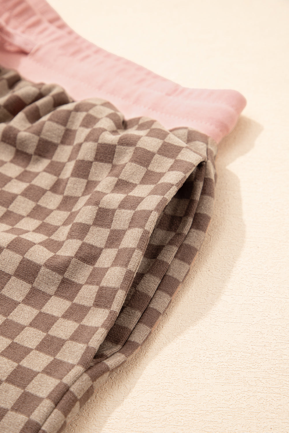 Brown Checkerboard Contrast Trim Long Sleeve Pullover and Shorts Set