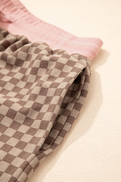 Brown Checkerboard Contrast Trim Long Sleeve Pullover and Shorts Set