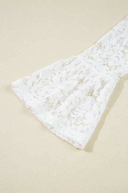 White Lace Crochet Bell Sleeve Mock Neck Blouse