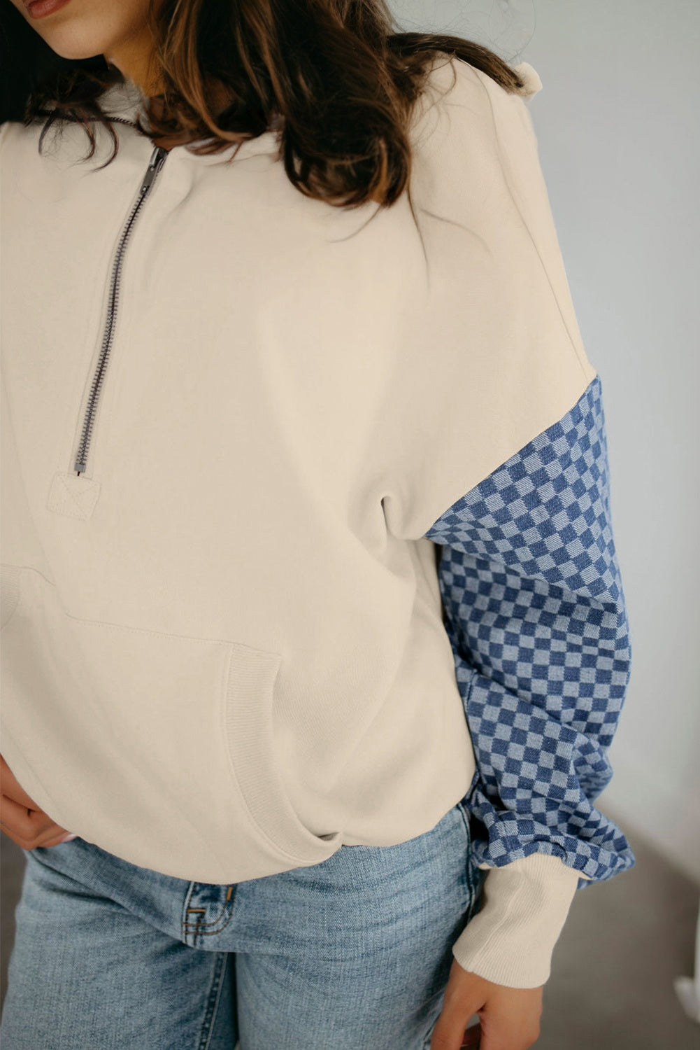 Parchment Checkered Patchwork Kangaroo Pocket Half Zipper Hoodie