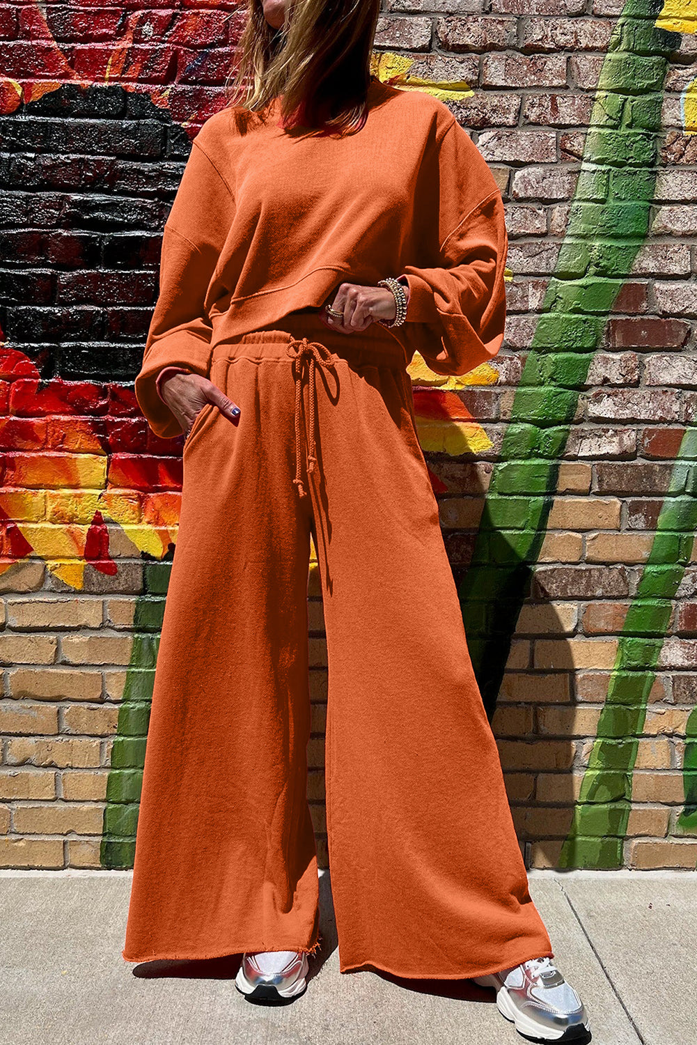 Yellow Cream Drop Shoulder Crop Pullover Drawstring Wide Leg Pants Set