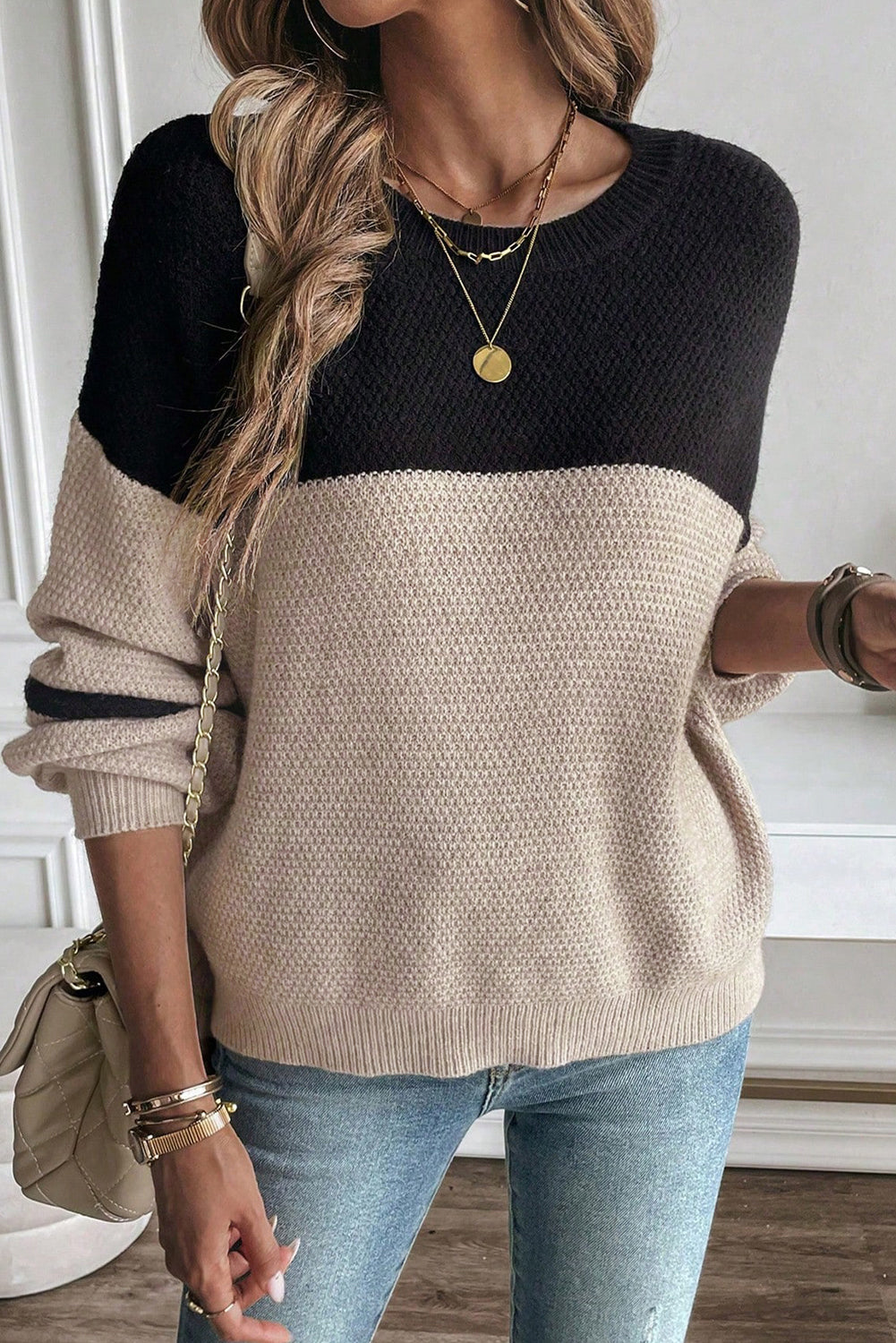 Dark Brown Colorblock Striped Sleeve Detail Knit Sweater