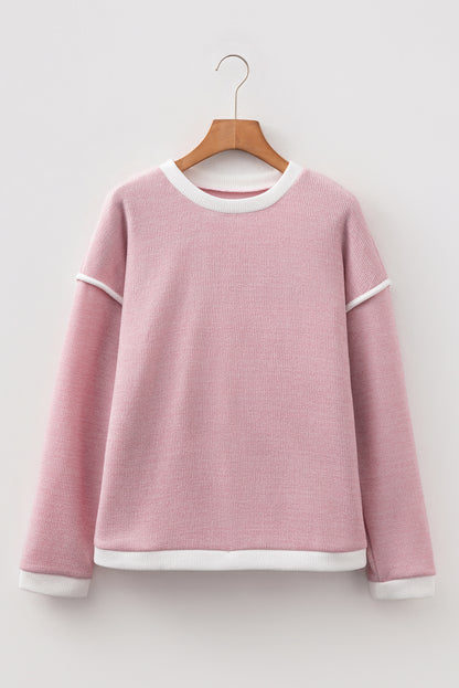 Four Leaf Clover Contrast Color Trim Knit Drop Shoulder Loose Top