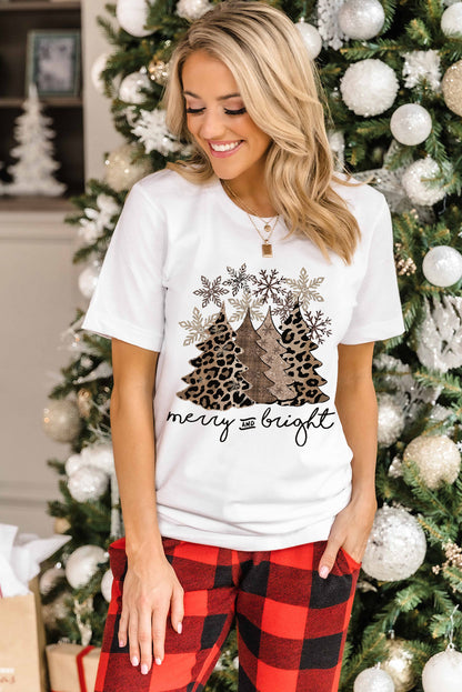 White Leopard Christmas Tree Heat Transfer Printing Crew Neck Graphic Tee