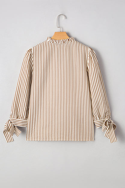 Straw Yellow Striped Frill V Neck Knot Bracelet Sleeve Blouse