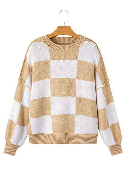 Dark Brown Plaid Bishop Sleeve Pullover Sweater