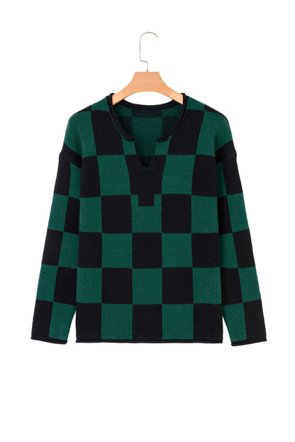 Green Checked Notched Neckline Drop Shoulder Knit Sweater