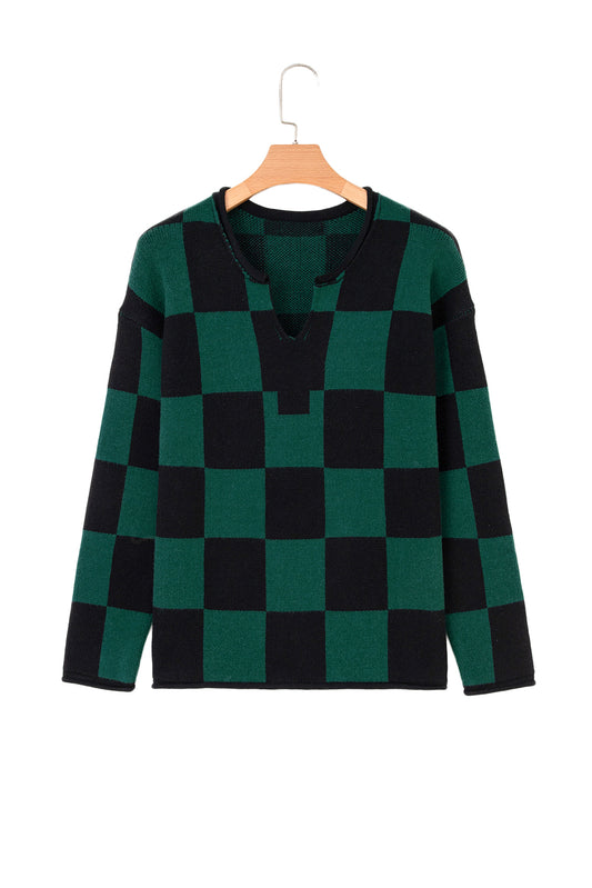 Green Checked Notched Neckline Drop Shoulder Knit Sweater