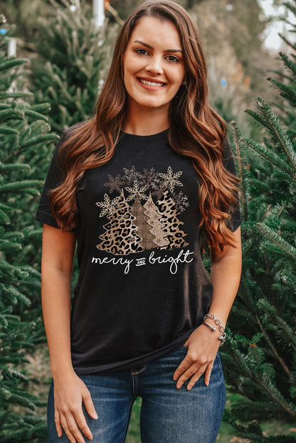 White Leopard Christmas Tree Heat Transfer Printing Crew Neck Graphic Tee