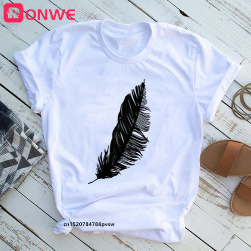 2022 Women Casual Harajuku Fashion T-shirt Feather Print Loose O-neck