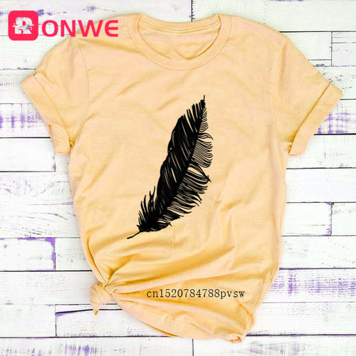 2022 Women Casual Harajuku Fashion T-shirt Feather Print Loose O-neck