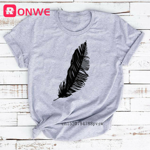 2022 Women Casual Harajuku Fashion T-shirt Feather Print Loose O-neck