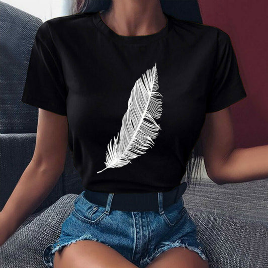 2022 Women Casual Harajuku Fashion T-shirt Feather Print Loose O-neck