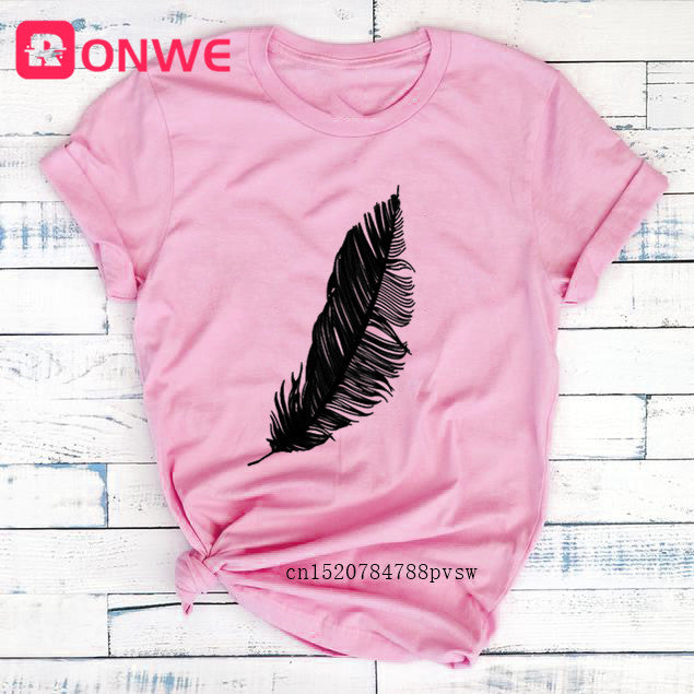 2022 Women Casual Harajuku Fashion T-shirt Feather Print Loose O-neck