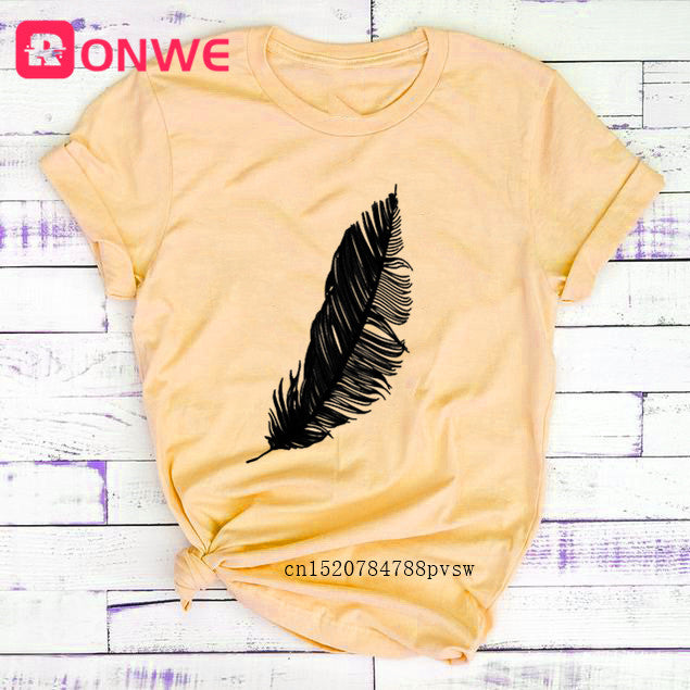 2022 Women Casual Harajuku Fashion T-shirt Feather Print Loose O-neck