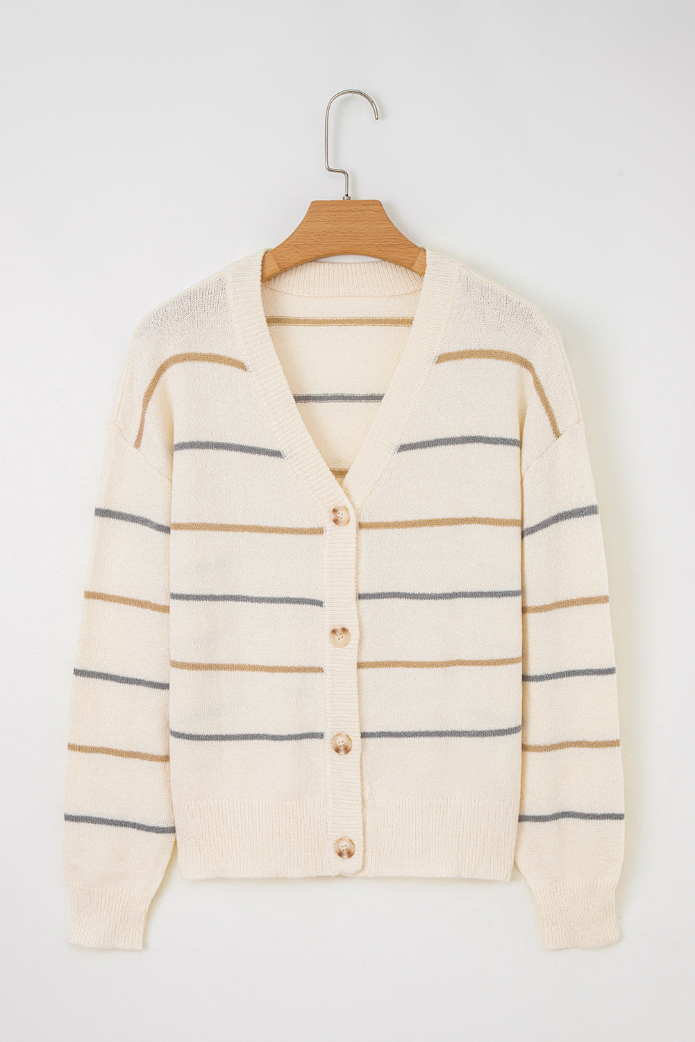 Multicolour Striped Buttoned Front V Neck Drop Shoulder Cardigan