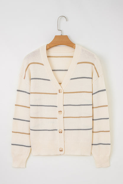 Multicolour Striped Buttoned Front V Neck Drop Shoulder Cardigan