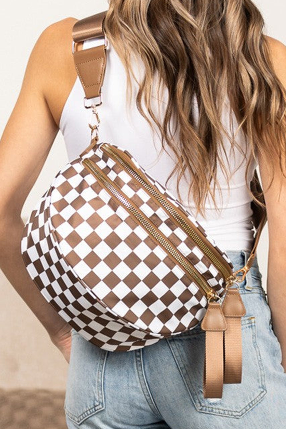Chicory Coffee Checkered Print Wide Strap Large Crossbody Bag