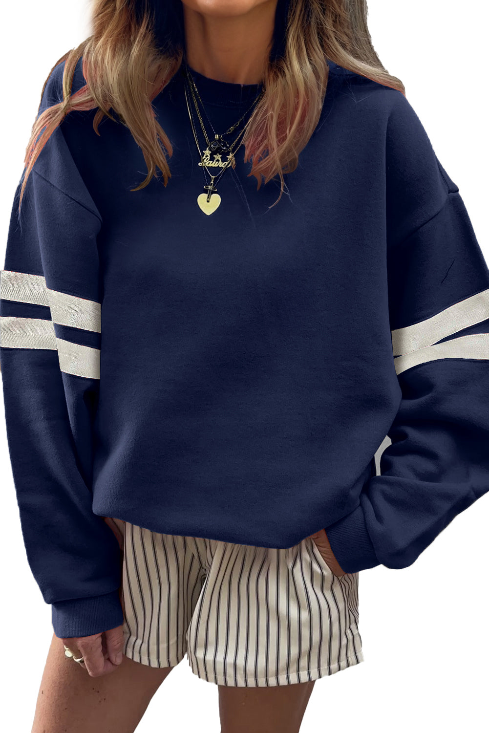 Coffee Preppy Striped Sleeve Loose Sweatshirt