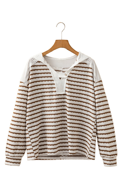 Black Stripe Textured Hooded Long Sleeve Top