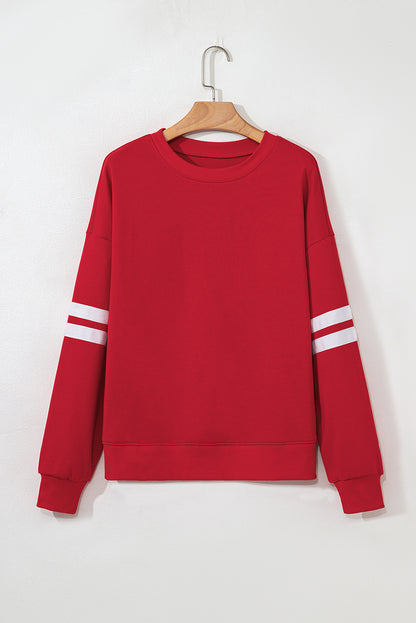Coffee Preppy Striped Sleeve Loose Sweatshirt