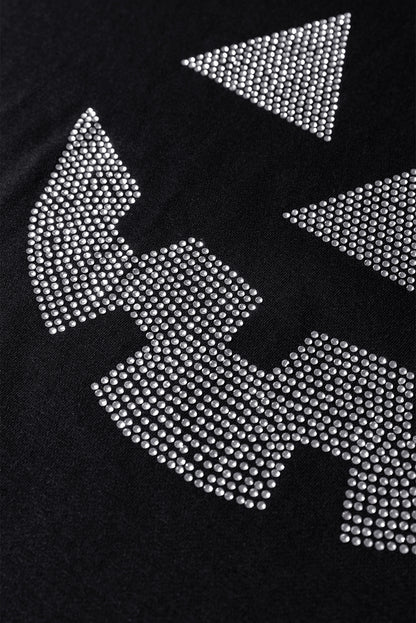Black Halloween Rhinestone Pumpkin Contrast Ribbed Patchwork Top