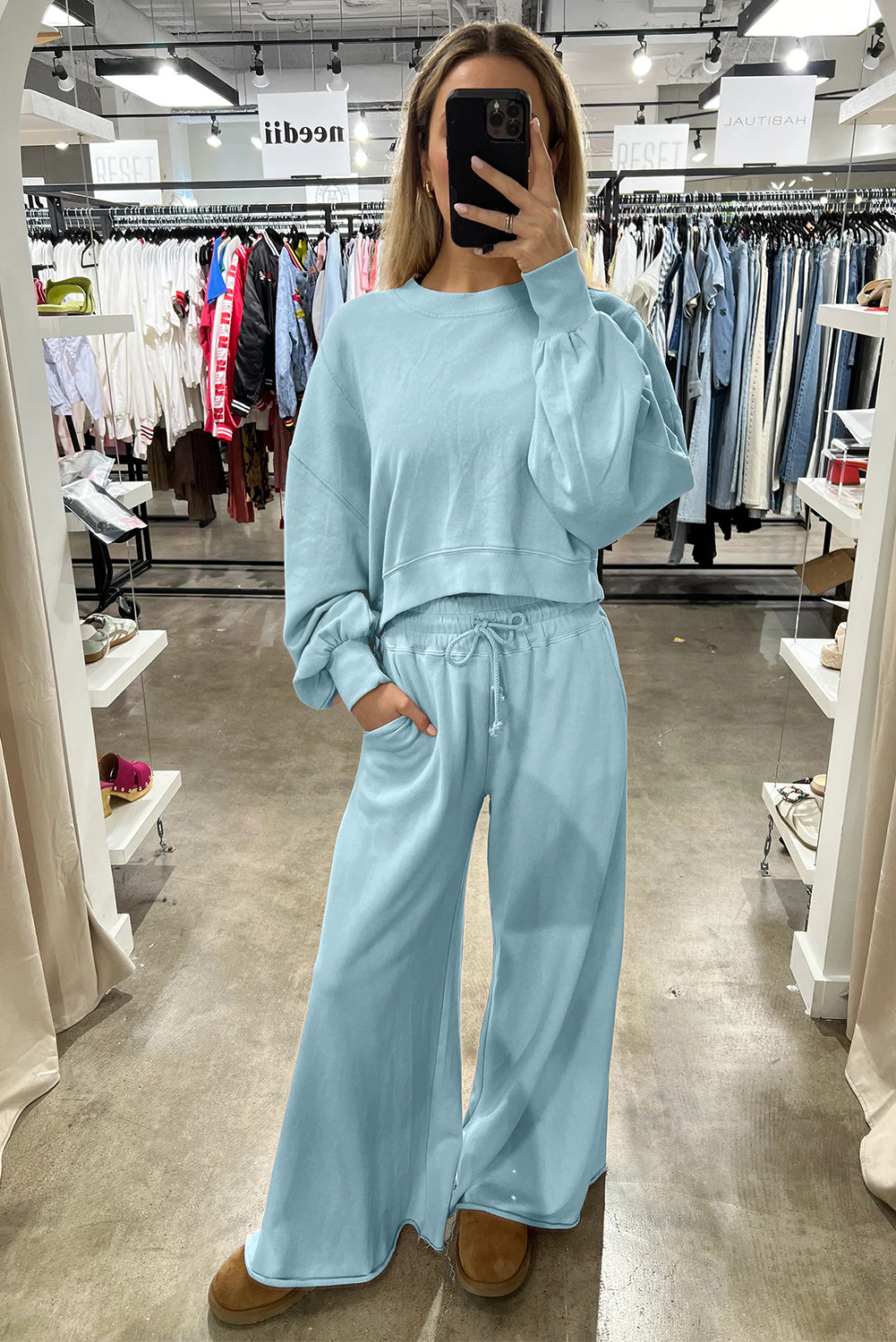 Yellow Cream Drop Shoulder Crop Pullover Drawstring Wide Leg Pants Set