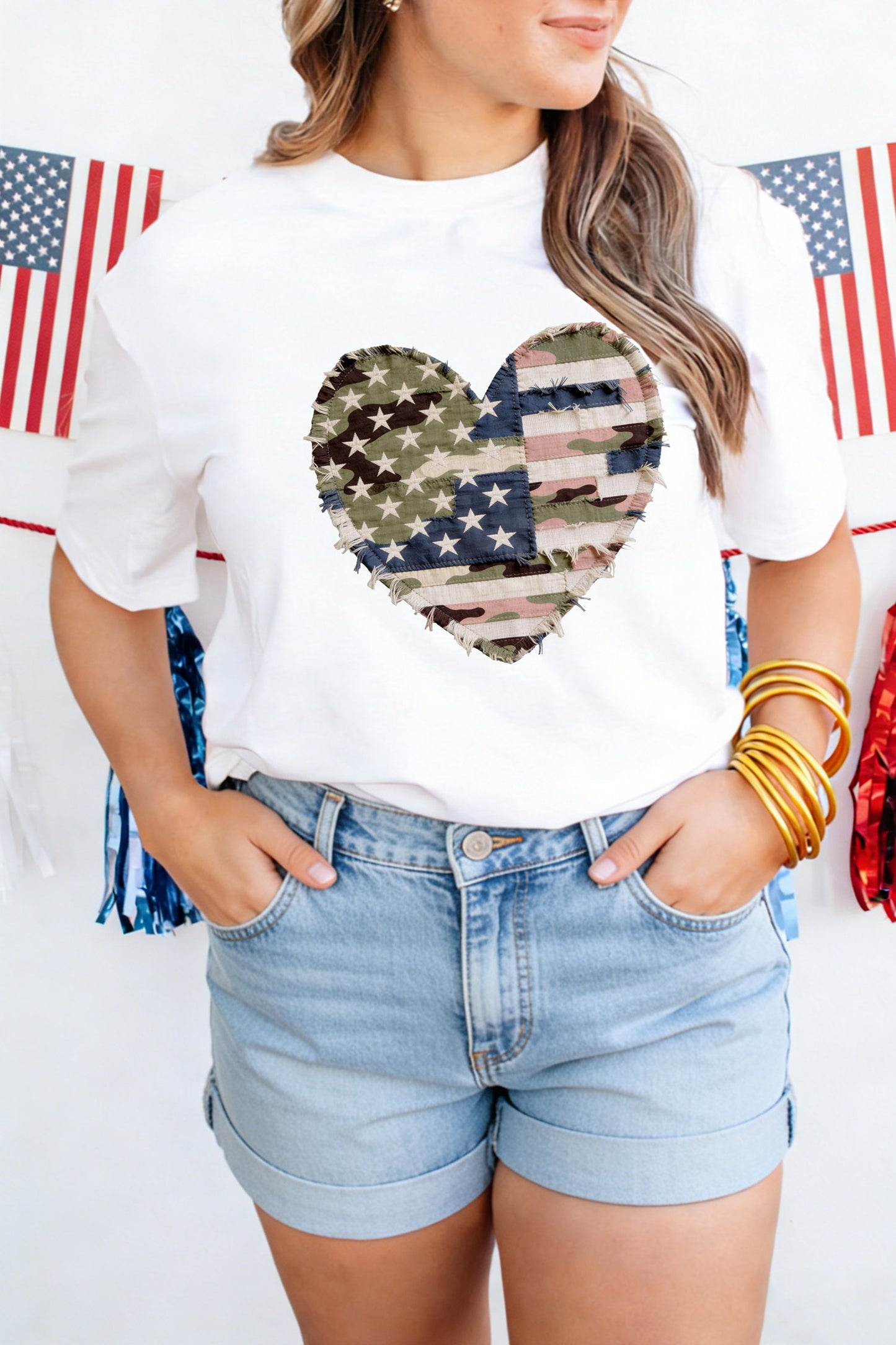 White Patriotic Heart Graphic Tee with USA Flag and Camo Print