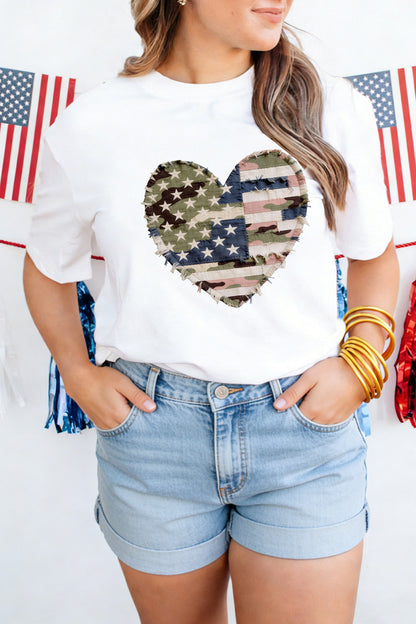 White Patriotic Heart Graphic Tee with USA Flag and Camo Print