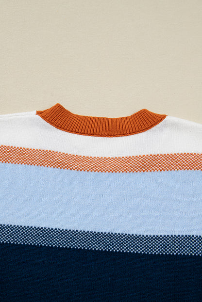 Dark Blue Color Block Round Neck Tunic Sweater