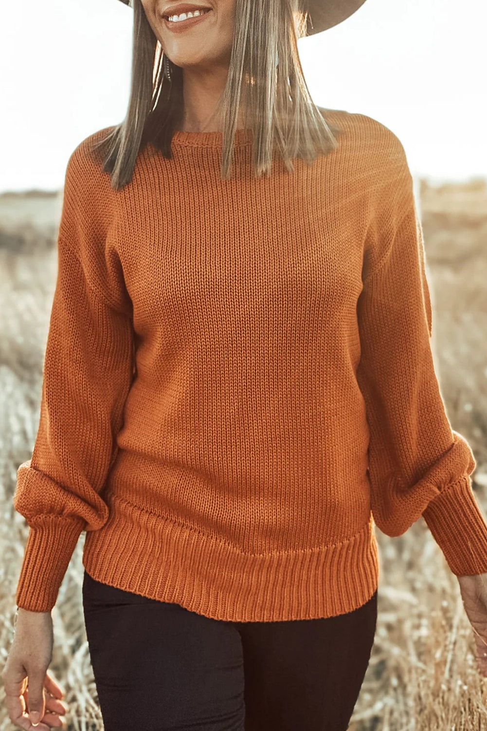 Gold Flame Solid Color Ribbed Trim Drop Shoulder Sweater