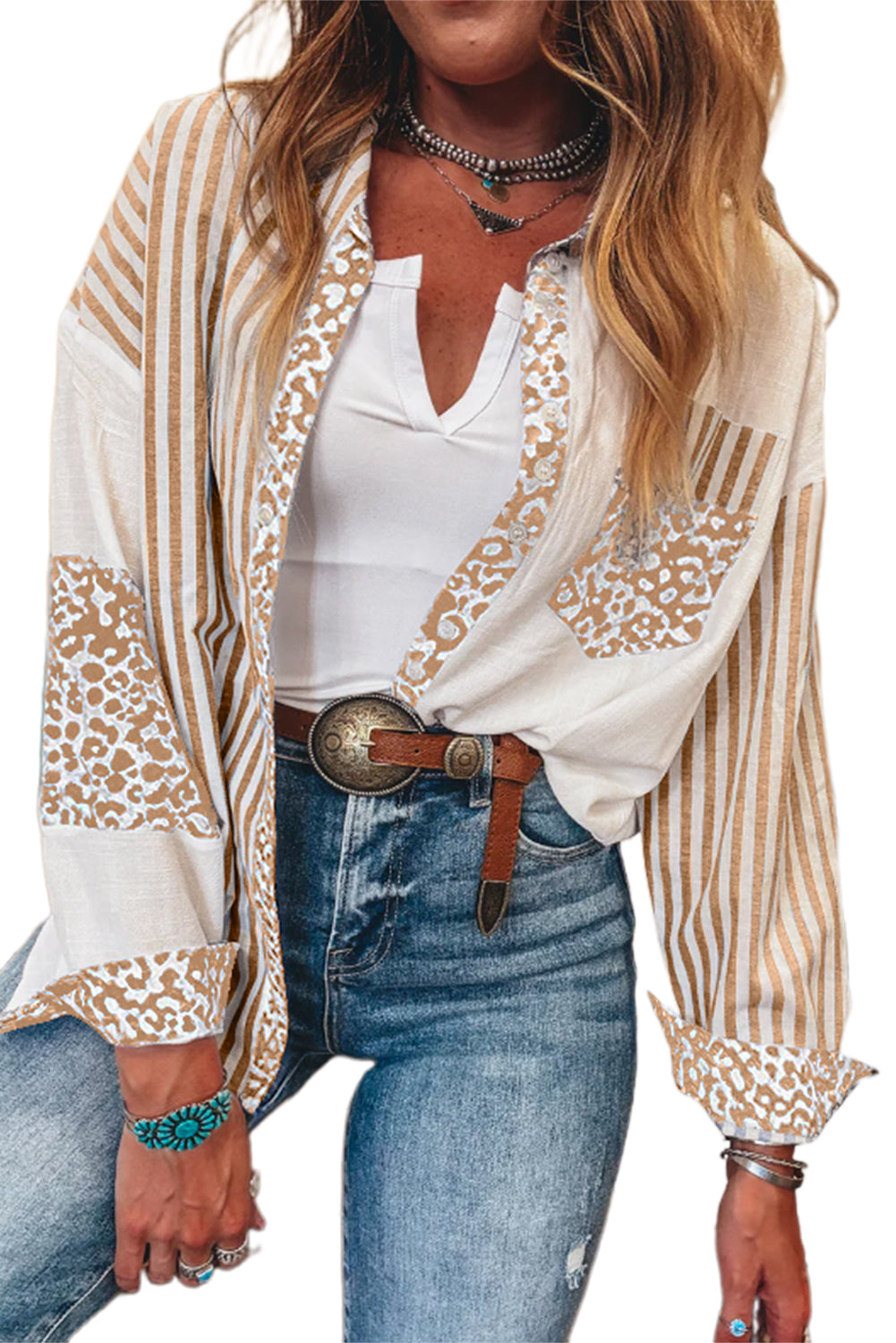Khaki Leopard Striped Patchwork Button-up Shirt Shacket