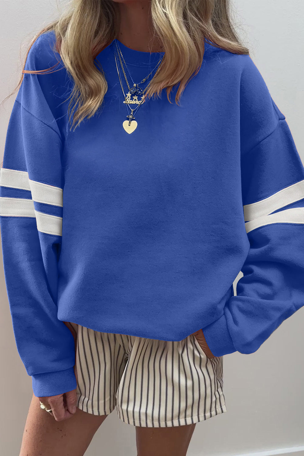 Coffee Preppy Striped Sleeve Loose Sweatshirt